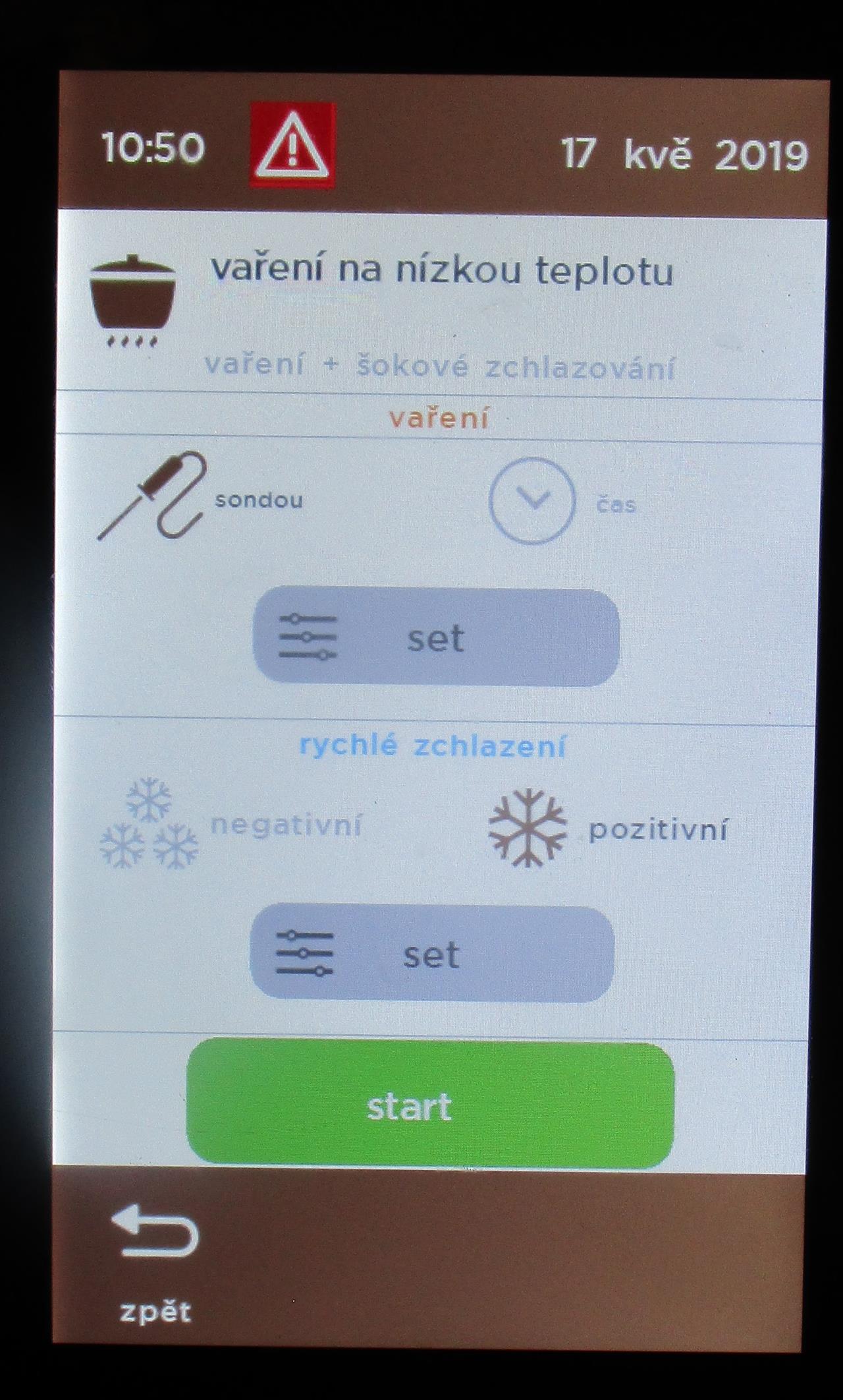 Nastavení HI CHEFu na pomalé vaření a následné šokové zchlazení na +3°C